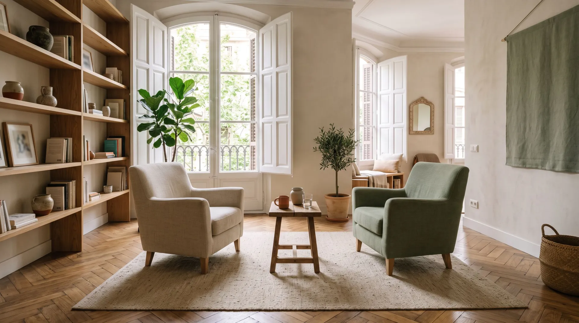 Consulta de psicología luminosa, con dos sillones y plantas